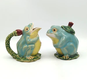 Vintage klassisch Majolika Frosch Keramik Milchkännchen und Zucker Set 5"T Henriksen Import - Bild 1 von 10