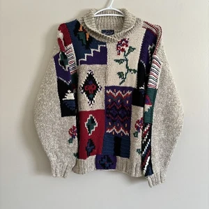 Vintage Woolrich Knit Mom Sweater 90s Size Large Multicolor Collared Cotton - Picture 1 of 9