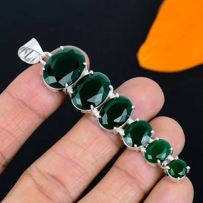 Pendente In Argento Sterling 925 Fatto A Mano In Onice Verde 3.04" - Immagine 1 di 4