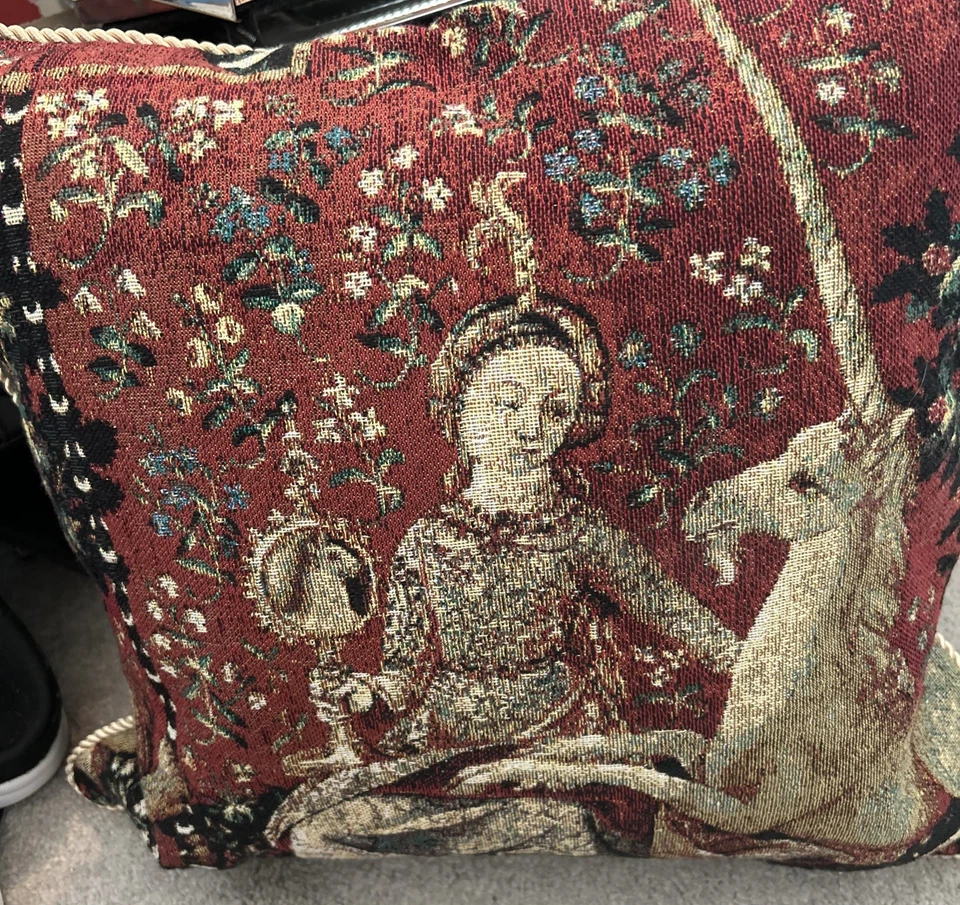 RARE Hines Of Oxford Red Tapestry Unicorn Medieval Pillow, 16” Square, 2-sided. - Image 1 of 3