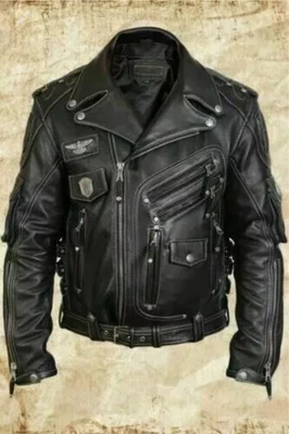 CHAQUETA DE CUERO DE MOTOCICLISTA DE CUERO PREMIUM GENUINO PARA HOMBRE NEGRA Foto 1 de 4