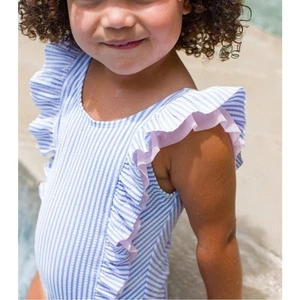 RuffleButts Blue & White Seersucker Waterfall One Piece Swimsuit Size 10 - Picture 1 of 8
