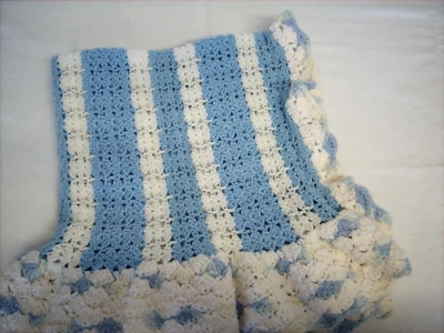 Handmade Crochet BABY Crib Afghan Blue Multi Ruffle Edge 31"x34" Granny Made - Image 1 of 4