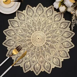 Round Gold Table Placemats Set Of 6 Hollow Pressed Vinyl Waterproof Wipable Plac - Picture 1 of 9