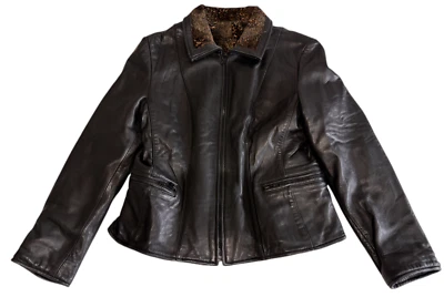 Chaqueta de felpa John Caruana Vintage para mujer L reversible de cuero negro leopardo Foto 1 de 4