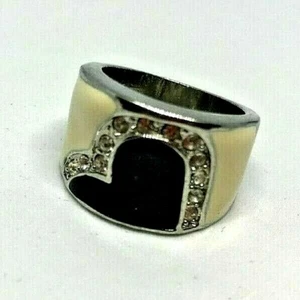 Vintage Silver Metal Rhinestone Diamante Black Agate Enamel Ring 1980' Size M - Picture 1 of 6