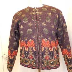 Icelandic Design Medium Sweater Cardigan Floral Full Zip Nordic Fair Isle Wool - Picture 1 of 13