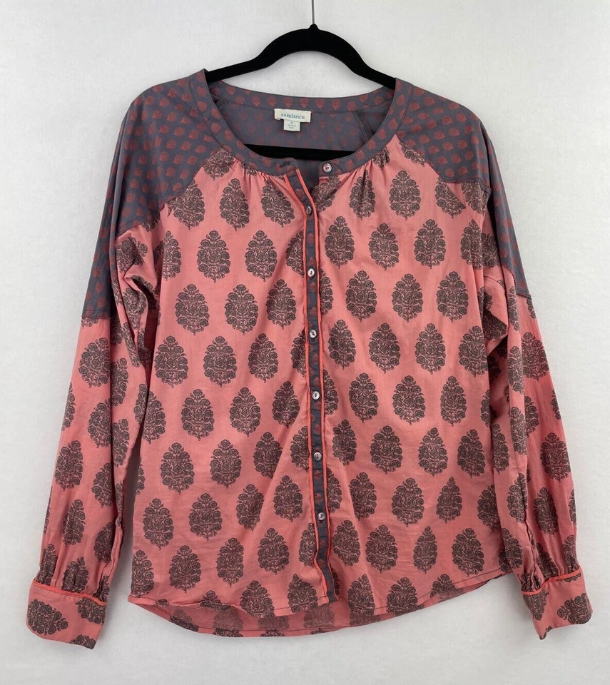 Catálogo Sundance Blusa Campesina Pequeña Top Rosa Damasco Estampado Botón Mujer B53-15 Foto 1 de 4