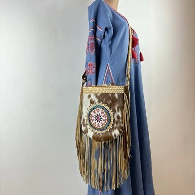 Cowhide Saddle Bag Western Sling Leather Fringe Beaded Hobo Suede Large Purse - Image 1 of 4