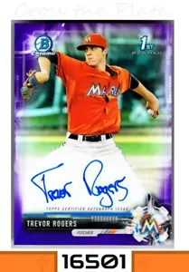 1-2017 BOWMAN CHROME DRAFT PURPLE REFRACTOR AUTO TREVOR ROGERS MARLINS 030/250 - Picture 1 of 1