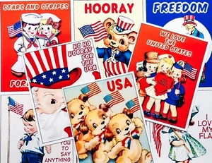 Handmade Vintage Retro Set of 9 Patriotic 4th of July STICKERS - Just Cut & Use! - Picture 1 of 2