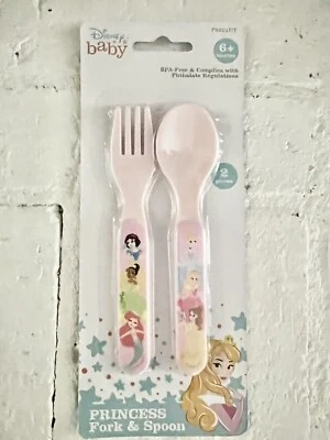 Nuevo~”Disney Baby Princess”~Niño pequeño rosa~Tenedor y cuchara de plástico~Juego de 2 piezas~Sin BPA Foto 1 de 2