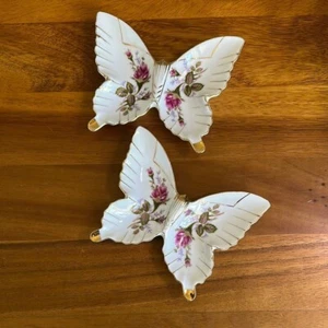 Vintage ceramic Floral Butterfly Wall Decor Set gold and roses hanging - Picture 1 of 4