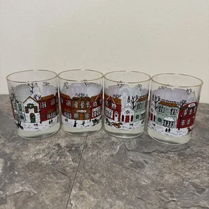 4er Set Vintage Libbey Winter Village Weihnachtsgläser 4,25" Goldrand EUC - Bild 1 von 6