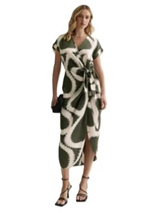 NEW LOOK KHAKI ABSTRACT PRINT SATIN MIDI WRAP DRESS SIZE 8 NEW - Picture 1 of 6