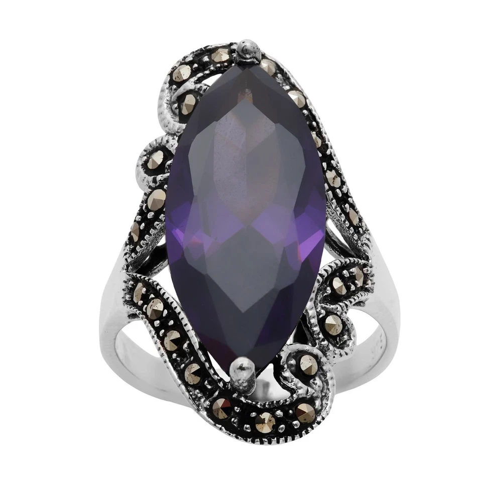 Silverly Anello Argento 925 Solitario Zircone Viola Ovale Marcasite - Immagine 1 di 4