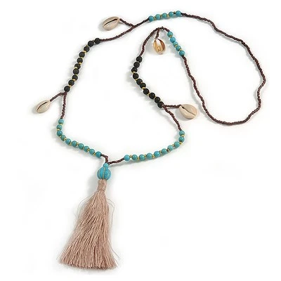 Cotton Tassel Beaded Necklace/ Brown/ Black/ Turquoise/ 90cm L/ 12cm Tassel - Image 1 of 4