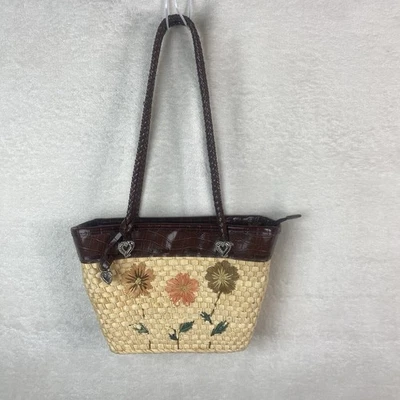 Vintage Woven Straw Shoulder Bag Purse Embroidered Flowers Charms Braided Straps - Image 1 of 4