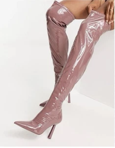 Botas altas por encima de la rodilla Aldo Nella para mujer talla 8 charol imitación cuero NUEVAS malva - Imagen 1 de 16