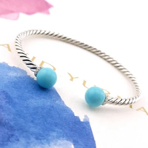 David Yurman Sterling Silver Diamonds & Turquoise Solari 3.5mm Bangle Bracelet - Picture 1 of 9