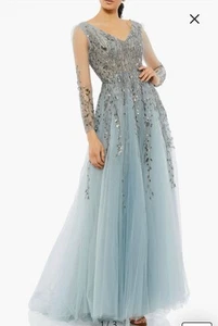 Nuevo con etiquetas Vestido MAC DUGGAL 20295 Adornado Manga Larga Línea A Platino Talla 16 - Imagen 1 de 10