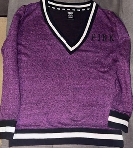 VICTORIA'S SECRET Pink V-Neck Pullover SweatShirt Marled PURPLE Deep Plunge MED - Picture 1 of 19