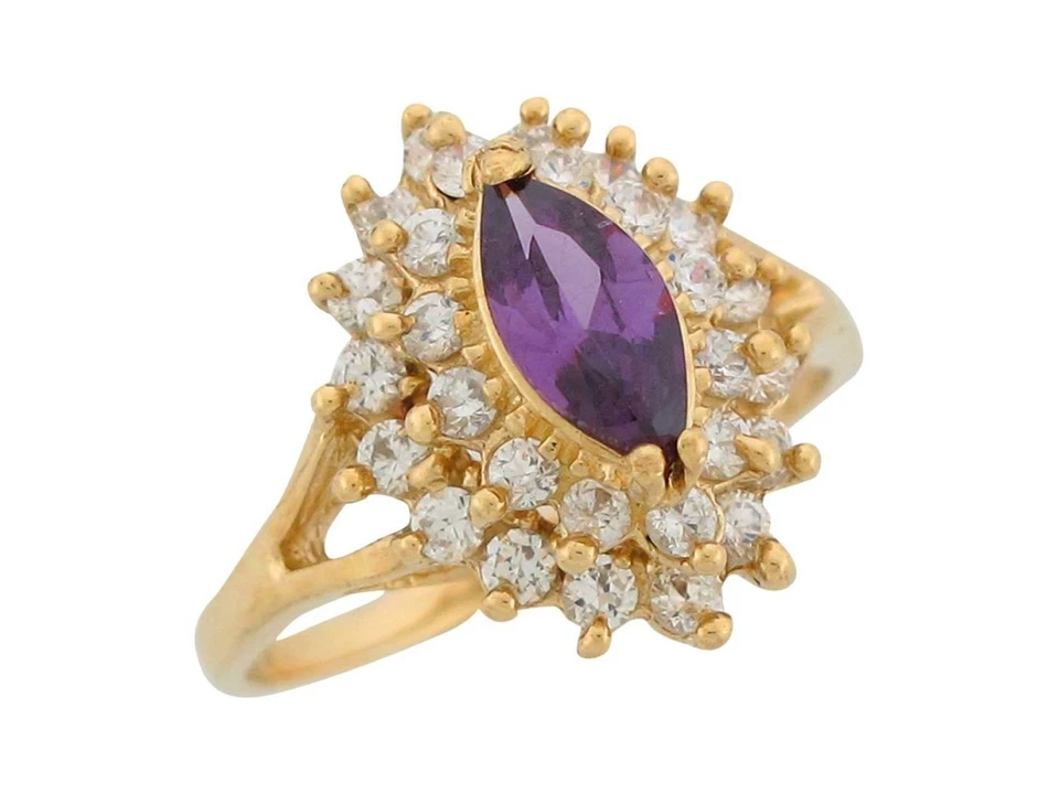 Anillo racimo de oro amarillo de 10k o 14k amatista simulada circonita cúbica blanca febrero damas Foto 1 de 1