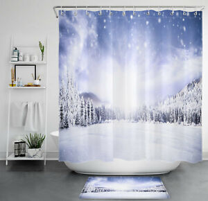 Winter Beautiful Nature Forest Snow Scene Shower Curtain Set for Bathroom Decor