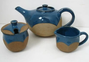 EXCELLENT Blue/Taupe Stoneware Pottery Tea Set MARKED/Signed, 4 Cup Pot - HEAVY - Picture 1 of 10
