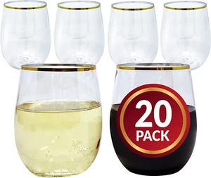 12Oz. Disposable Wine Glasses Gold-Rim (20 Pack) Stemless Crystal Clear | Reusab - Picture 1 of 7