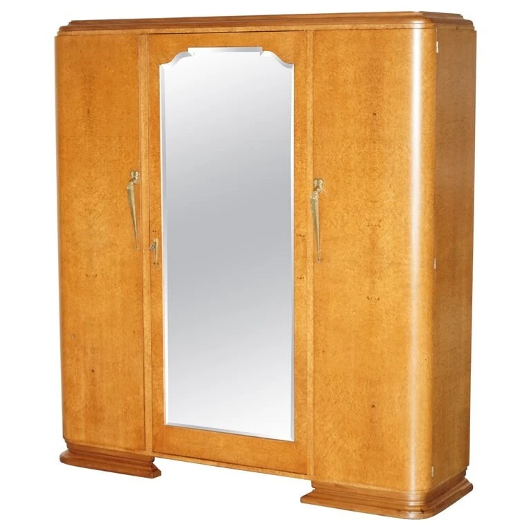 ANTIQUE ART DECO BURR MAPLE TRIPLE BANK CIRCA 1920'S WARDROBE MIRRORED DOOR - Image 1 of 4
