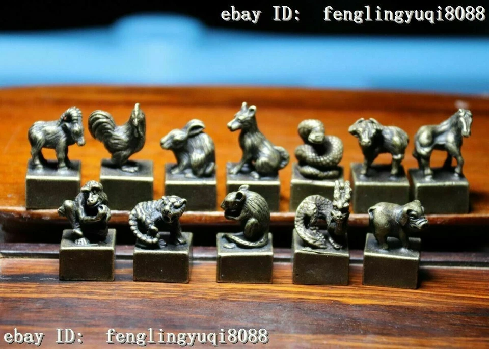Bronze Chinese Zodiac Animal Rat Mice Ox Tiger Goat Seal Stamp Signet Set M012 - Image 1 of 4