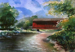 Mood's Covered Bridge, Perkasie, PA. Verano. Tarjetas de notas de acuarela James Mann - Imagen 1 de 2