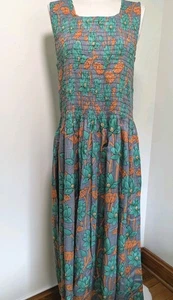 NWT Sleeveless Smocked House Dress L Green/ Orange - Picture 1 of 10