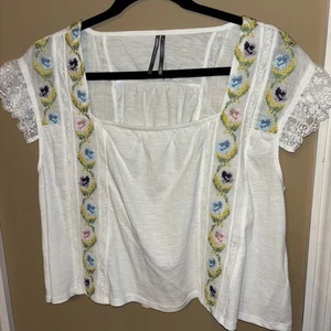 Blusa Top Swing Recortada By Anthropologie M Floral Bordada Manga Marfil Encaje - Imagen 1 de 13