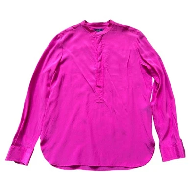 Camisa Polo Ralph Lauren Mujer Pequeña Rosa Caliente Seda Mandarín Cuello Botón Oculto Foto 1 de 4