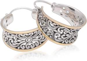 Pendientes de aro artesanales hechos a mano con acento de oro de plata de ley de Bali Indonesia - Imagen 1 de 12