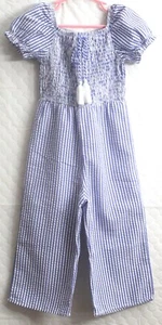 Rare Editions *NEW* Girl 5 Blue & White Striped Smocked Jumpsuit One Piece - Picture 1 of 3