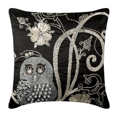 Decorative Pillow Cover Black 16"x16", Room Decor Silk Owl Beaded - Night Owls - Image 1 of 3