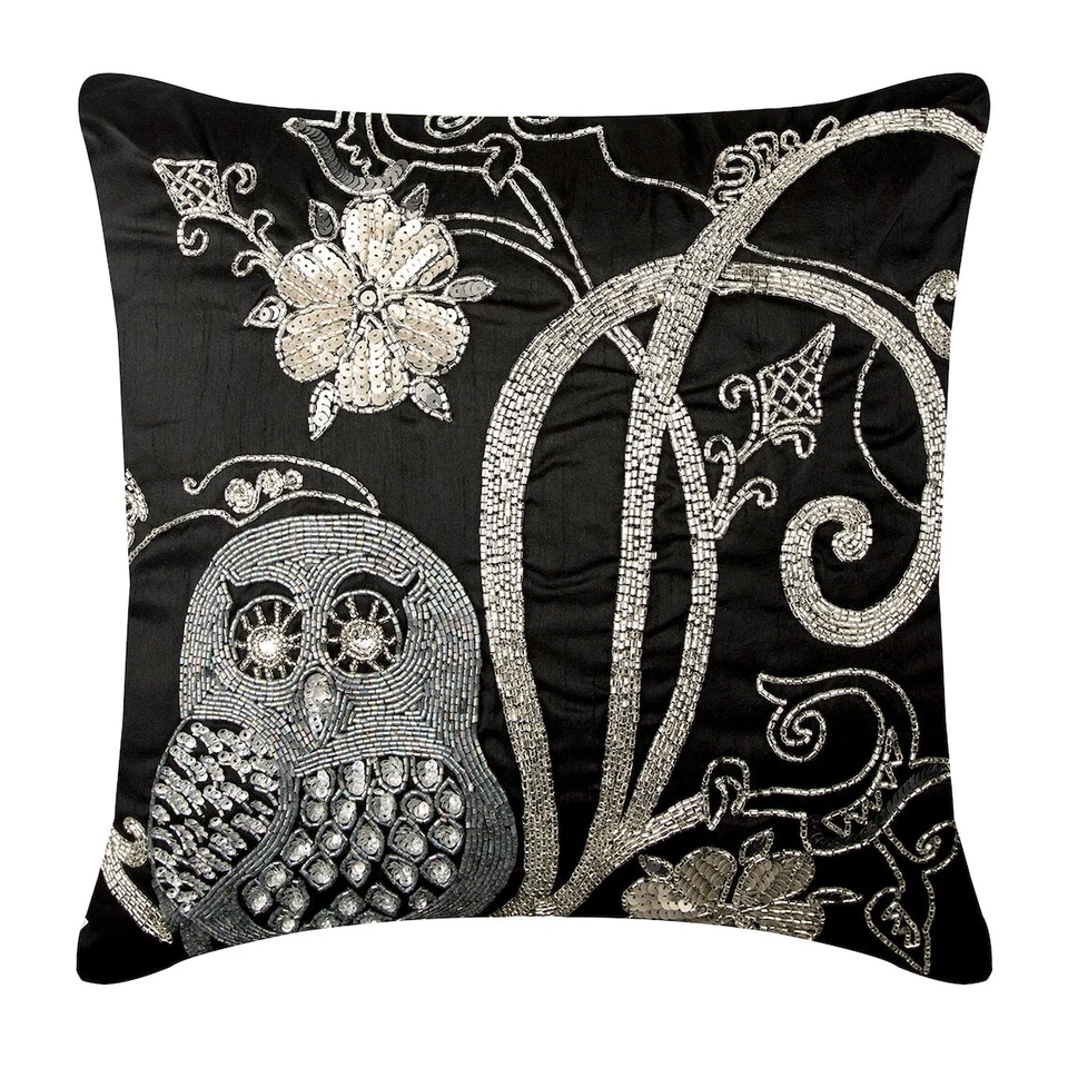 Decorative Pillow Cover Black 16"x16", Room Decor Silk Owl Beaded - Night Owls Foto 1 de 3