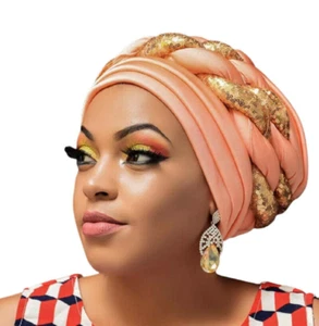 Último sombrero turbante africano con lentejuelas geles automáticos Aso Okefor mujeres envolturas para la cabeza femenina - Imagen 1 de 34