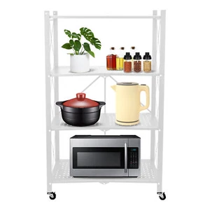 4 Tier Heavy Duty Foldable Metal Rack Storage Shelving Unit Wheel Kitchen White- - Picture 1 of 6
