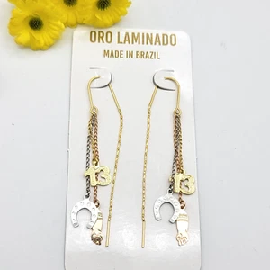 Tri Tone Gold Plated Good Luck 13 Number - Hand Horseshoe Thread Slide Earrings - Picture 1 of 5