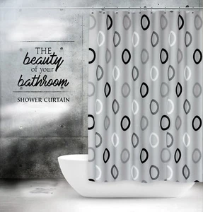 Textil Duschvorhang 240 x 200cm Grau mit Schwarz Weiss Kreisen Stange Badewanne - Bild 1 von 5