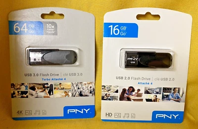 PNY Flash Drives (1) 64GB USB 3.0 4K Ultra HD & (1) 16GB USB 2.0 HD - Image 1 of 4
