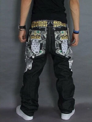 Mens Jeans Embroidery Loose Black Denim Trousers W30-W44 Hip-Hop Streetwear - image 1 of 4