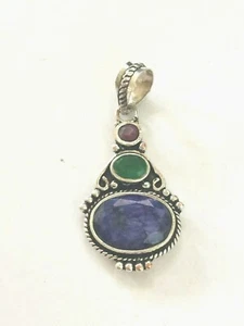 ST07636 .925 SILVER PLATED RUBY EMERALD SAPPHIRE GEMSTONE PENDANT 5.2" - Picture 1 of 1