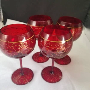 4 Rote Donau Rubinrot und Gold seltene rumänische Kristall Weingläser / handbemalt - Bild 1 von 10