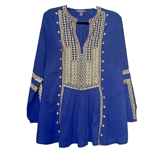 ROAMANS Plays Size Embroidered Boho Tunic Blue w/gold, Long, Pleated, Size 14W - Picture 1 of 9
