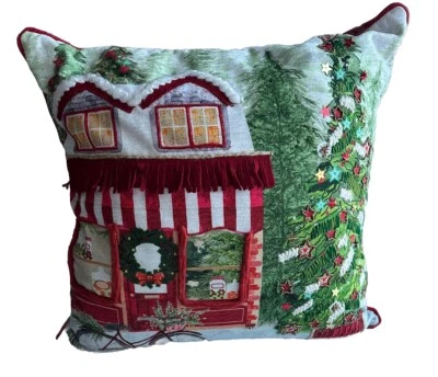 Bella Lux Red Christmas Tree Storefront Holiday Square Decorative Pillow 17” - Image 1 of 4